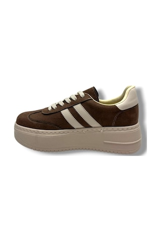 Şanzelize K16-26 Süet Deri Yüksek Anatomik Taban Bağcıklı Kadın Sneaker Kahve Bej Kahverengi