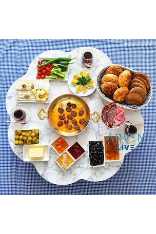 Arvenlive Mermer Desenli Ahşap Katlanabilir Papatya Yer Sofrası (467864187)