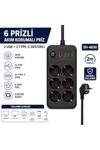 Sh-4630 6 Lı Akım Korumalı Priz 2 Usb + 2 Type-c Çıkışlı 2 Metre Kablolu Anahtarlı Topraklı Çoklu Grup Priz 2 M