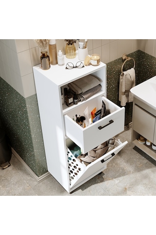 Çamaşır Sepetli Banyo Dolabı, Çok Amaçlı Çekmeceli Dolap 45 Cm Mat Beyaz