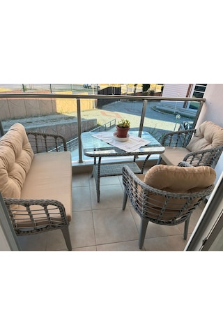 Tu Tienda Kartepe 2 1 1 Rattan Bahçe Balkon Takimi,bej Kumaş/gri Rattan Örgü Bej