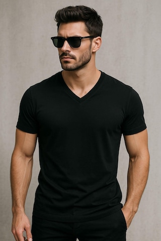 Rich Erkek V Yaka %100 Pamuk Kısa Kollu Siyah T-shirt Tişört SIYAH