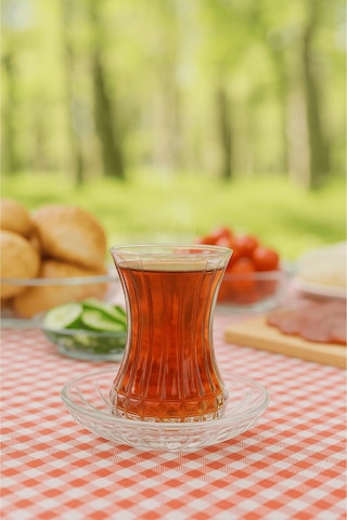 12 Parça Bakara Dekor Kesme Çay Seti - Özel Yapım Çay Bardak Tabak Şeffaf