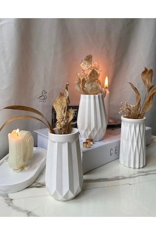 Geometrik Desenli Vazo Set 6 Lı 12 Cm Beyaz