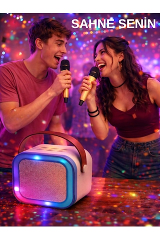 Teknozeel Çift Mikrofonlu Karaoke 5 Ses Efektli Rgb Işıklı Bluetooth Kablosuz Hoparlör Pembe Renk Ses Bombası