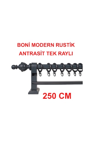 Boni Modern Rustik Ahşap Rustik Perde Askısı Tek Raylı-antrasit 250 Cm Antrasit