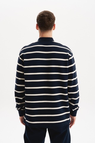 AR-MA Arma Erkek Büyük Beden Çizgili %100 Pamuk Ringel Ottoman Kumaş Polo Yaka Ribanalı Sweatshirt K30554801602 Lacivert