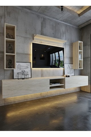 Resital Ledli Duvara Monte Tv Sehpası - Traverten - W6001-8 Traverten