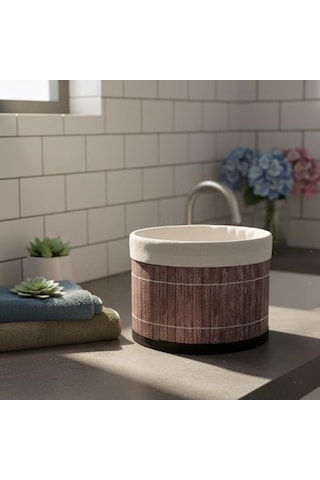 Yuvarlak Bambu Düzenleyici Ve Saklama Sepeti Çok Amaçlı Banyo, Makyaj Ve Ofis Organizeri, Kumaş Astarlı Dekoratif Silindir Kutu 18x13 Cm, Gri 000 Açık Krem