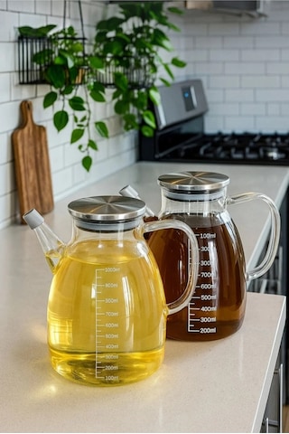 2li Slikon Ağızlık Metal Kapak Borosilikat Yağdanlık 1000 Ml Şeffaf