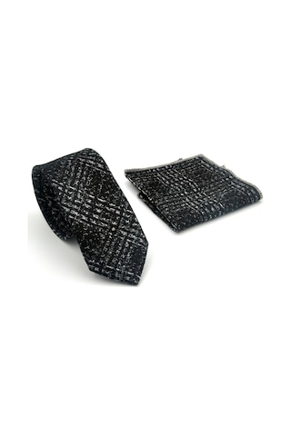 Gaffy Beyaz Desenli Siyah Dokuma Kumaş Mendilli Slim Fit Kravat // Sdk-2602-1 Siyah