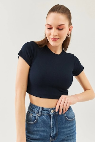 Kadın Kısa Kol Bisiklet Yaka Vücuda Oturan %100 Pamuklu Kaşkorse Esnek Crop Bluz Lacivert