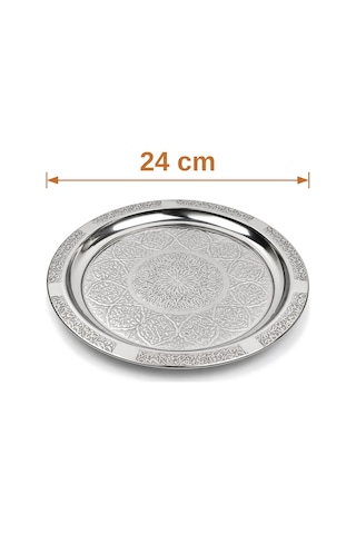 Binbir Trend 24 Cm Otantik Desenli Krom Çelik Kebap, Izgara, Meze Ve Servis Tabağı 6 Adet Gümüş
