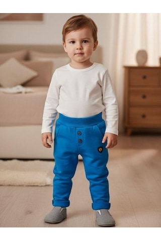 Zekids Erkek Çocuk Pamuklu Lastikli Duble Paça Eşofman Altı-16388 Mavi
