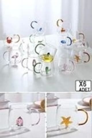 6'lı Sevimli Karikatürler Bardağı Figürlü Cam Bardak 3d Kawaii Renkli Kulplu Sunum Fincanı 350 Ml.
