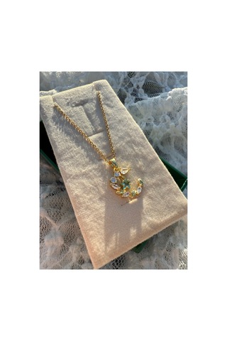 Işıltılı Taşlı Moon Floral Kolye Altın