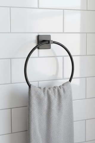 Siyah Yuvarlak Halka Havlu Askılığı Kare Topuzlu, Vidalı Metal Banyo Askısı, Dayanıklı & Şık - S- Diğer