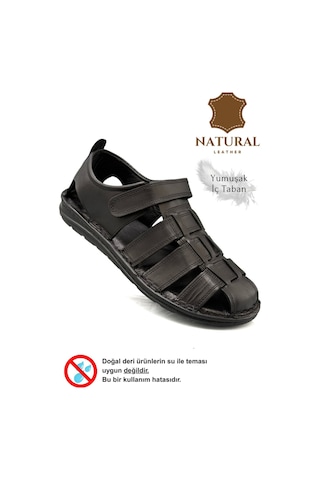Sermoda %100 Hakiki Deri Burnu Kapalı Erkek Sandalet Siyah