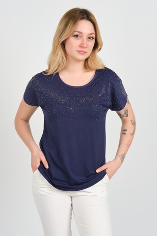 Ella Camelia Kadın Düşük Kollu Taş Süsleme Detaylı Bisiklet Yaka Bluz 24e116 Lacivert Lacivert