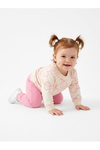 HelloBaby Pamuklu Çiçek Detaylı 2li Kız Bebek Takım Pembe