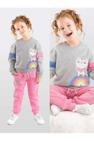 Denokids - Kız Çocuk Kışlık Kedi ve Kalp Desenli Pembe Uzun Kollu 2 Parça Eşofman Takımı 1-8 Yaş