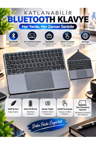 Alüminyum Şarjlı 64 Tuşlu Türkçe Q Klavye Deri Standlı Katlanabilir Bluetooth Dokunmatik Touchpad