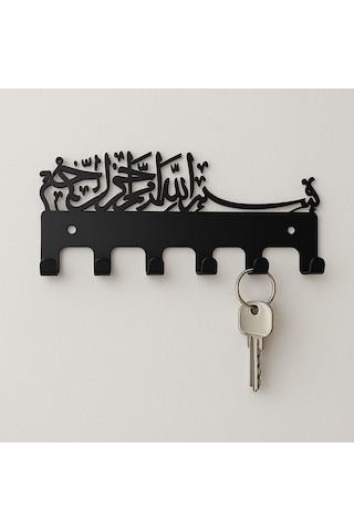 Lunoart Besmele Yazılı Metal Anahtarlık Askılığı Siyah Duvar Dekoru Siyah