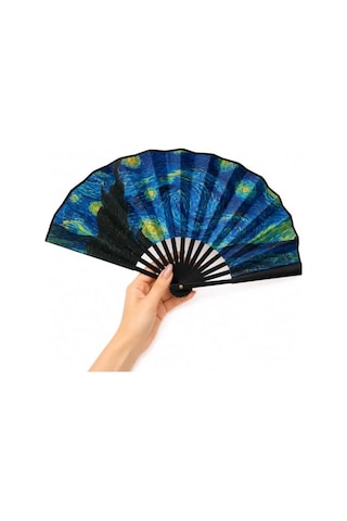 Yıldızlı Gece Desenli Katlanabilir El Yelpazesi Japon Stil El Fanı Hafif Taşınabilir Yazlık Serinletici Dekoratif Yelpaze 47x26 Cm