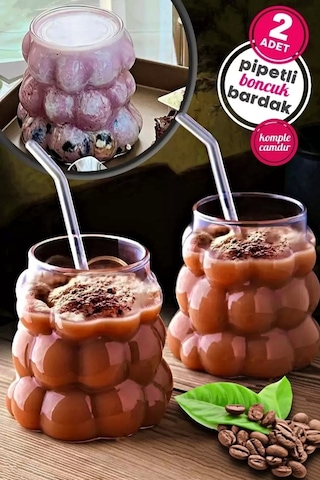 2li Boncuklu Pipetli Cam Bardak Üzüm Tanesi Şeklinde 350 Ml.