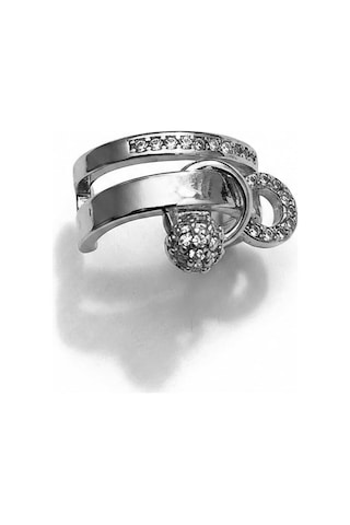 Earcuff Sıkıştırmalı Çelik Kıkırdak Küpe Çift Sıra Bantlı Halka Detaylı Zirkon Taşlı Gümüş Renk