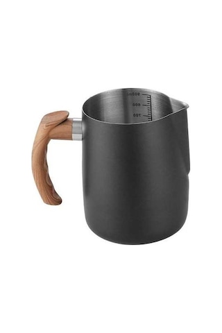 Novahub Siyah 600/1000ml Latte Fincanı, Ahşap Saplı, Paslanmaz Çelik, Süt Köpürtme Sürahi