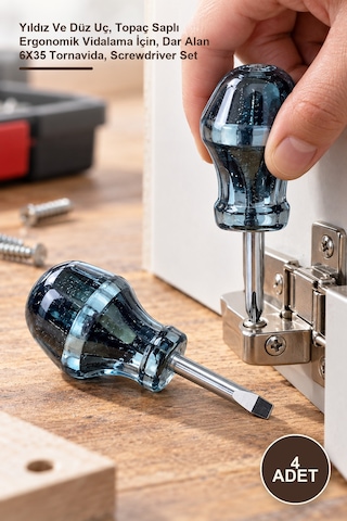 4 Adet Topaç Tornavida Seti Yıldız Ve Düz Uç, Topaç Saplı Ergonomik Vidalama İçin, Dar Alan 6x35 Tornavida, Screwdriver Set