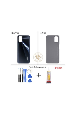 Oppo A72 Siyah Uyumlu Arka Kapak + Yapıştırıcı Ve Vida Seti Arka Cam Batarya Pil Kapağı Lazer Kesim Çok Renkli
