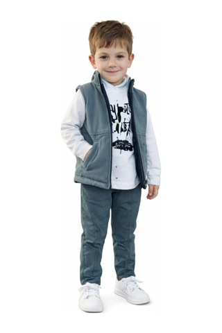 İrem Çocuk Giyim Erkek Çocuk Yelekli Baskılı Sweatshirt Gabardin Pantolon Turkuaz Renk Üçlü Takım Turkuaz