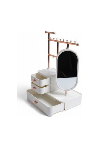 Aynalı Takı Düzenleyici Organizer Çekmeceli Masaüstü Takı Standı, Rose Gold Metal Askılı Beyaz