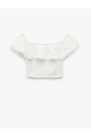 Koton Kolsuz Astarlı Slim Fit Fistolu Brodeli Fırfırlı Omzu Açık Crop Bluz Beyaz 5sak10495ek Beyaz