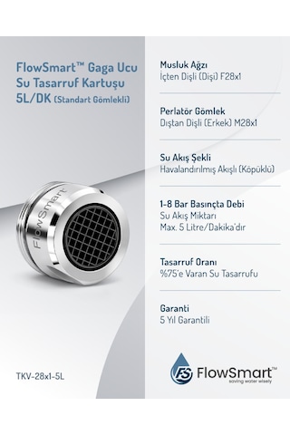 Flowsmart Su Tasarruflu Aeratör 5 L/dk %75 E Varan Su Tasarrufu Øf28 Duş Batarya Uyumlu
