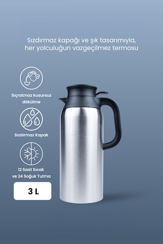 Porsima 2125 Dailyserve Çift Katmanlı Paslanmaz Çelik Termos Çay Termosu Su Termosu 3lt Inox