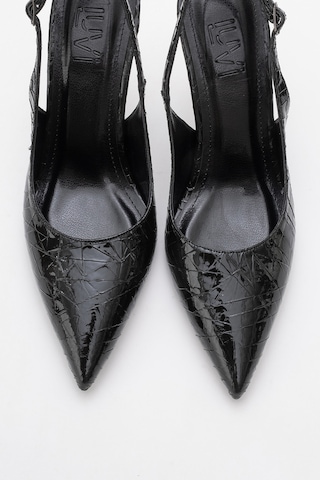 Luvishoes Luvi Shoes Chica Siyah Desenli Arkası Açık Sivri Burun Kadın Topuklu Ayakkabı Siyah Yılan Siyah