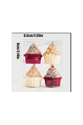 Cupcake Figürlü Yılbaşı Ağaç Süsü 4'lü Set Simli Ve Boncuklu Dekoratif Asma Süsler 8 Cm Kırmızı