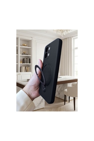 Oppo A6 Pro İle Uyumlu 360 Derece Dönebilen Kalın Metal Magsafe Halka Stantlı İçi Kadife Korumalı Ultra Lüx Premium Silikon Kılıf Siyah