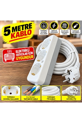 5 Metre 3'lü Topraklı Uzatma Priz 3x1,5 Mm² Tam Bakır Kablo Elektrikli Soba Isıtıcı Ev Ofis Için Güçlü Uzatma Kablosu 5 M