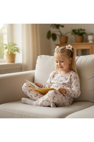 Gökkuşağı Desenli Kız Çocuk Pijama Takım Pudra