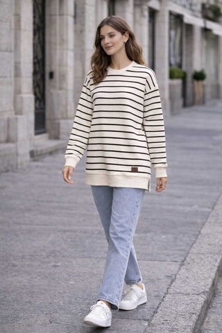 Tenra Oversize Geniş Kalıp Kadın Sweatshirt Bisiklet Yaka Basic Çizgili Siyah