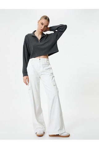 Koton Yarım Fermuarlı Sweatshirt Crop Uzun Kollu Antrasit 4sak10226ek Antrasit