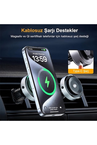 Vantuzlu Klima Havalandırmaya Takılan Magsafe Iq Şarjlı Telefon Tutucu Siyah Renkli