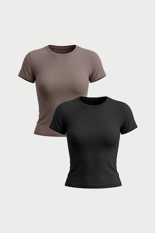 Auw Kadın Bisiklet Yaka Pamuklu Modal T-shirt 2'li - Softfit Vizon - Siyah