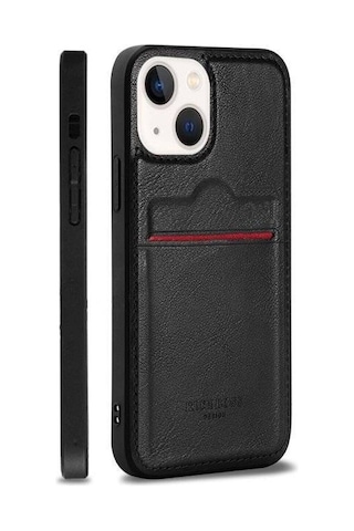 Apple Uyumlu iPhone 14 Premium Deri Kartlıklı Koruyucu Kılıf, Siyah Siyah