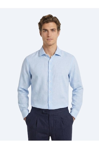 Kip Mavi Regular Fit Uzun Dokuma Casual Pamuk Karışımlı Gömlek