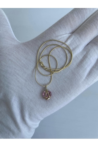 Pembe Kuvars Taşlı Sarı Gümüş Kolye Çok Renkli